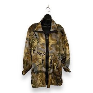 LARGE VINTAGE COREY B SILK JACKET BEIGE BROWN ABSTRACT PRINT LONG SLEEVE 90s